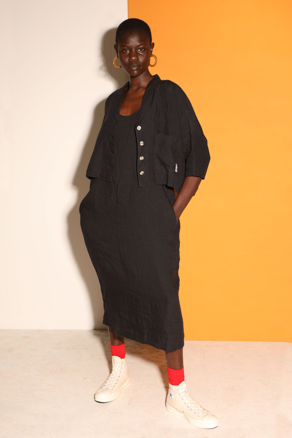 Basic Linen Shift Dress Black