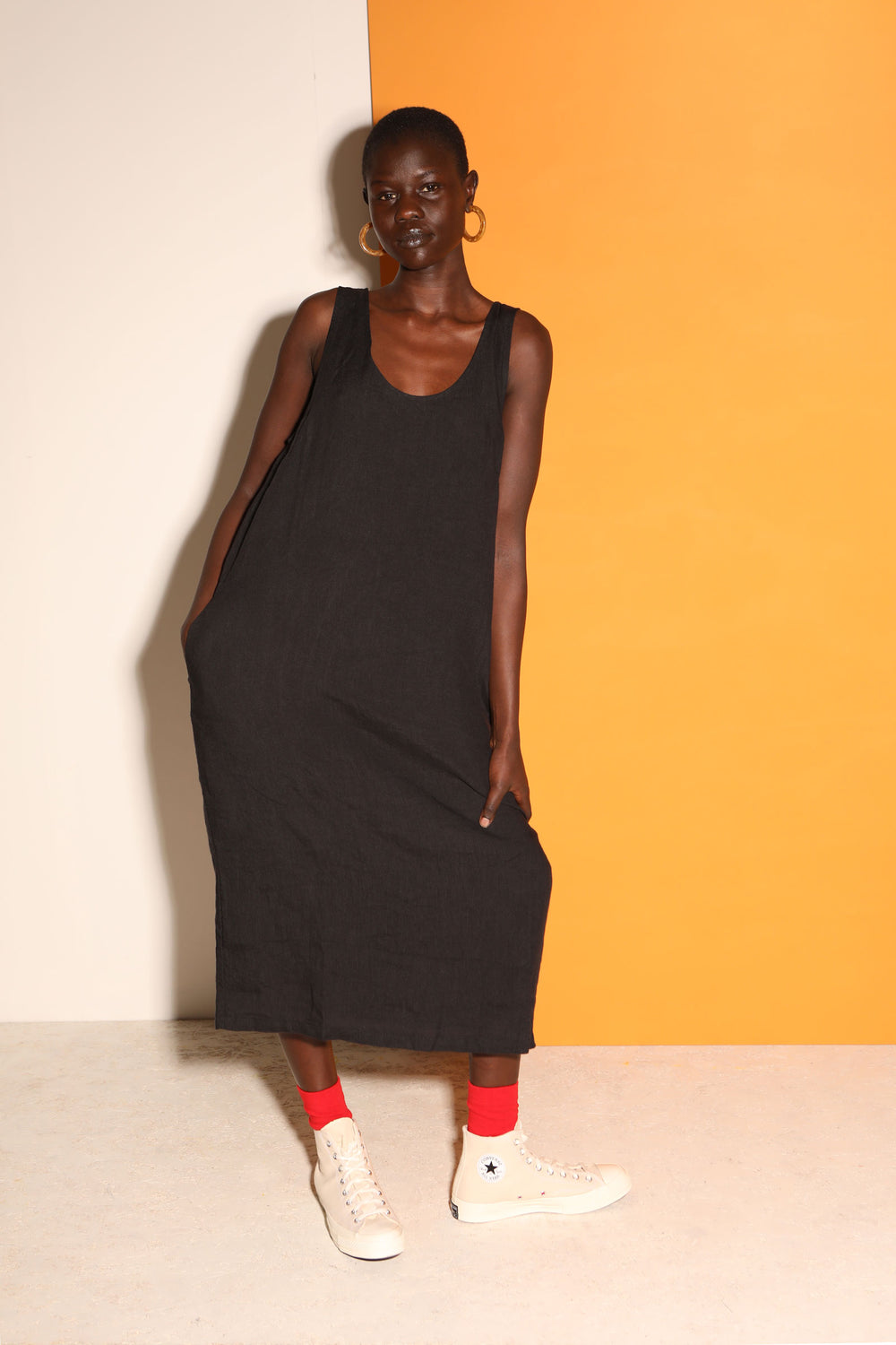 Basic Linen Shift Dress Black