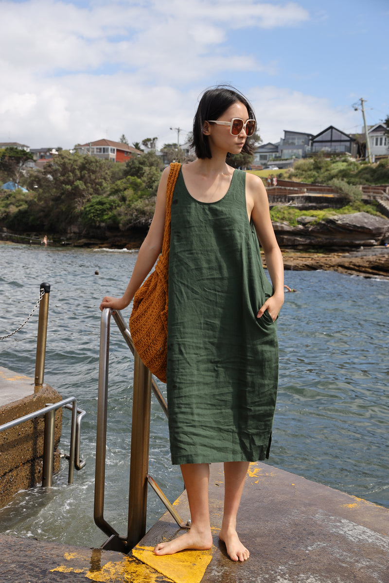 BASIC LINEN SHIFT DRESS DARK FOREST LF MARKEY BASIC LINEN SHIFT DRESS DARK FOREST LF MARKEY