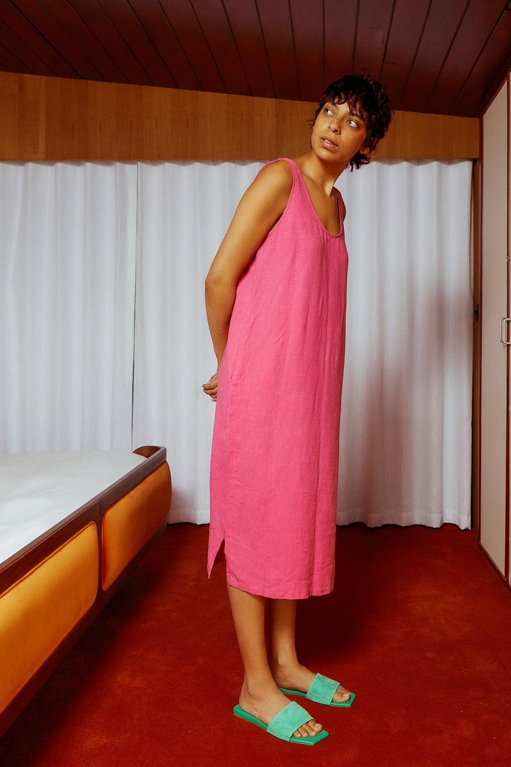 Basic Linen Shift Dress Fuchsia 4