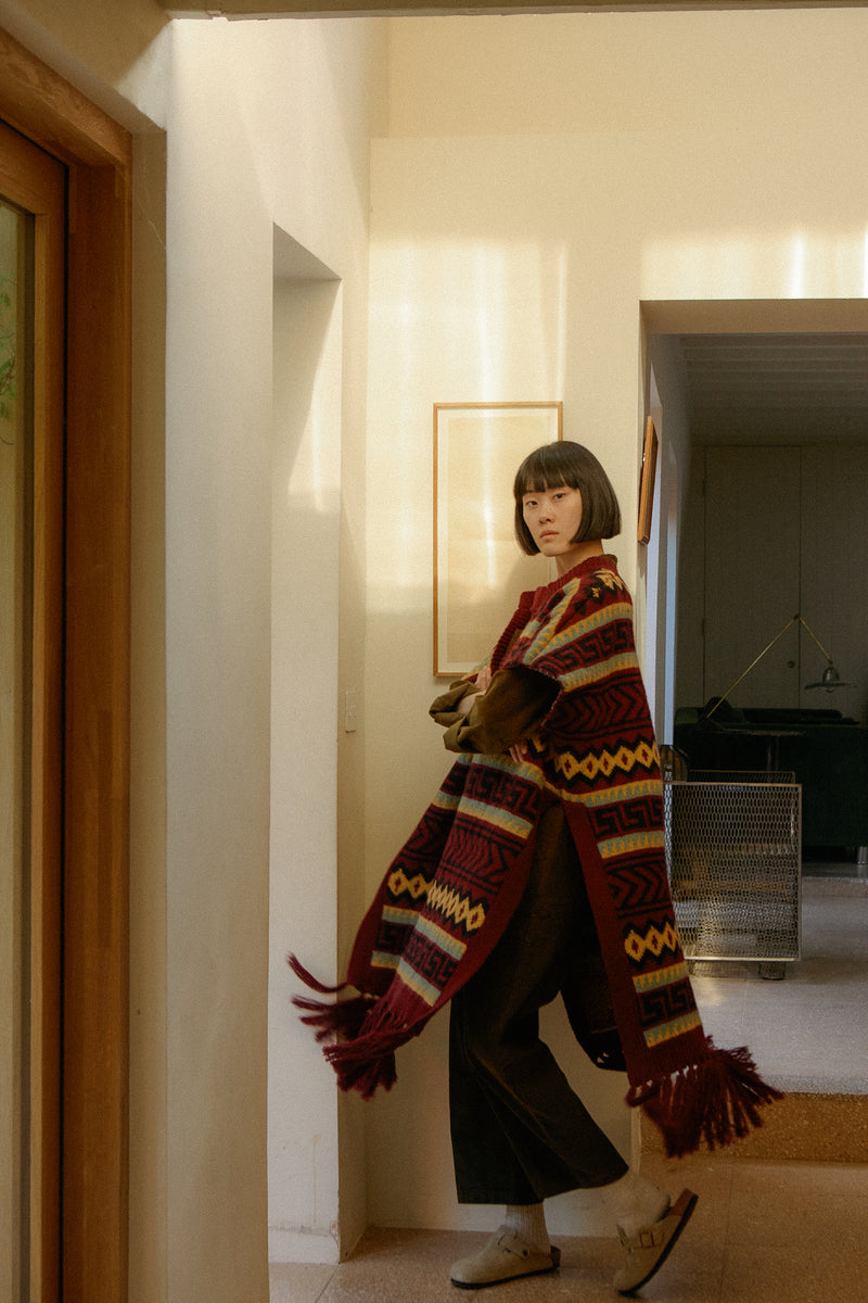Weston Knit Poncho Burgundy Intarsia