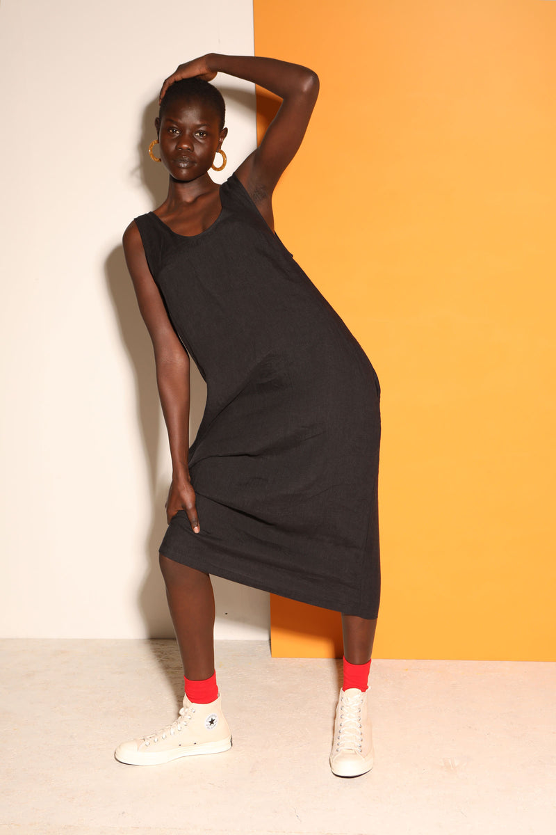 Basic Linen Shift Dress Black